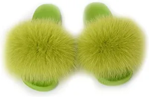 Women's Real Fox Fur Slides For Women Open Toe Cute Fur Slippers Flat Shoes Indoor or Outdoor Girls Comfort Fur Slide Sandals With Fluffy Fur