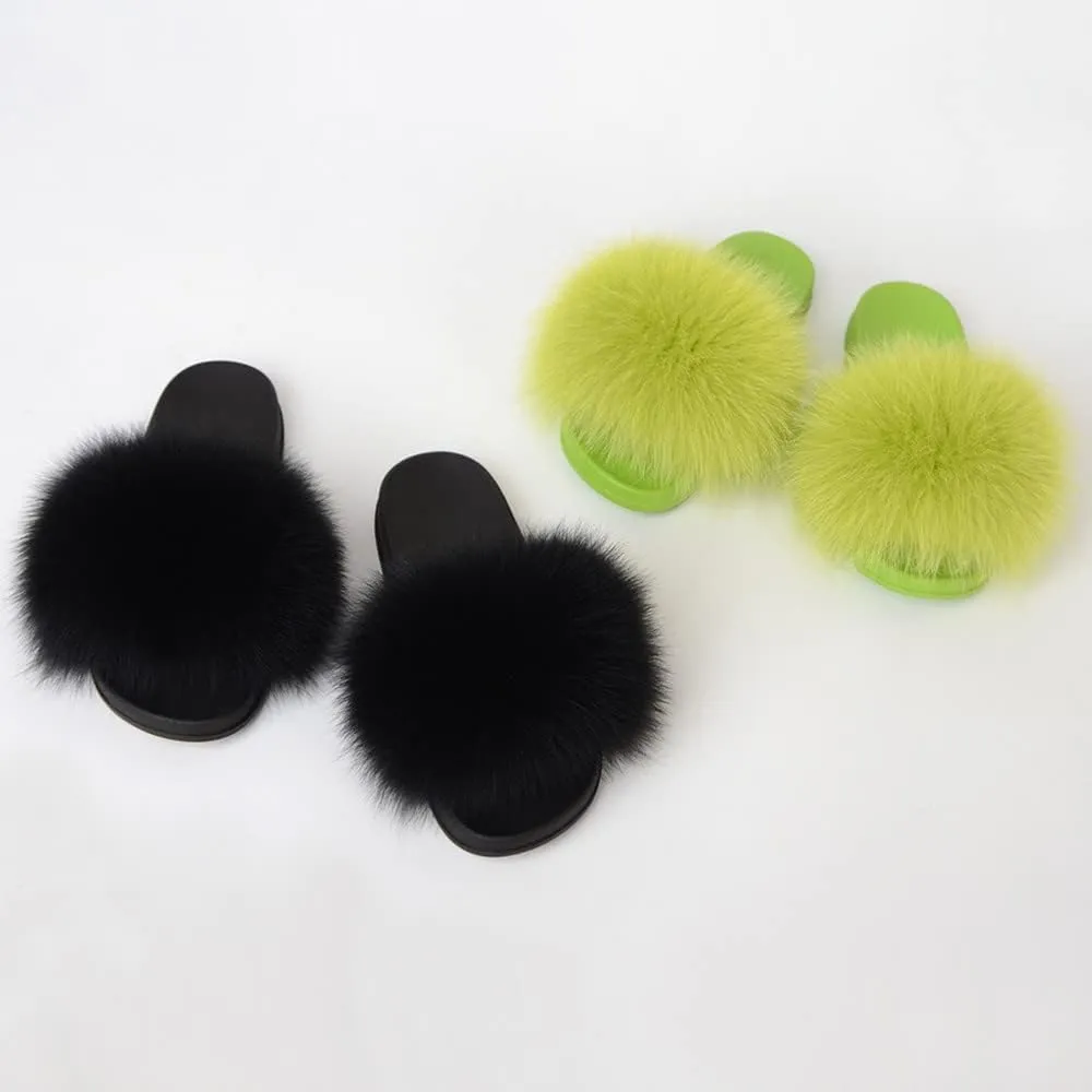 Women's Real Fox Fur Slides For Women Open Toe Cute Fur Slippers Flat Shoes Indoor or Outdoor Girls Comfort Fur Slide Sandals With Fluffy Fur