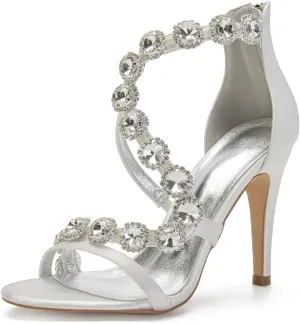 Women's Satin Wedding Stilettos for Bride Beaded Open Toe High Heels Strappy Bridal Shoes for Women