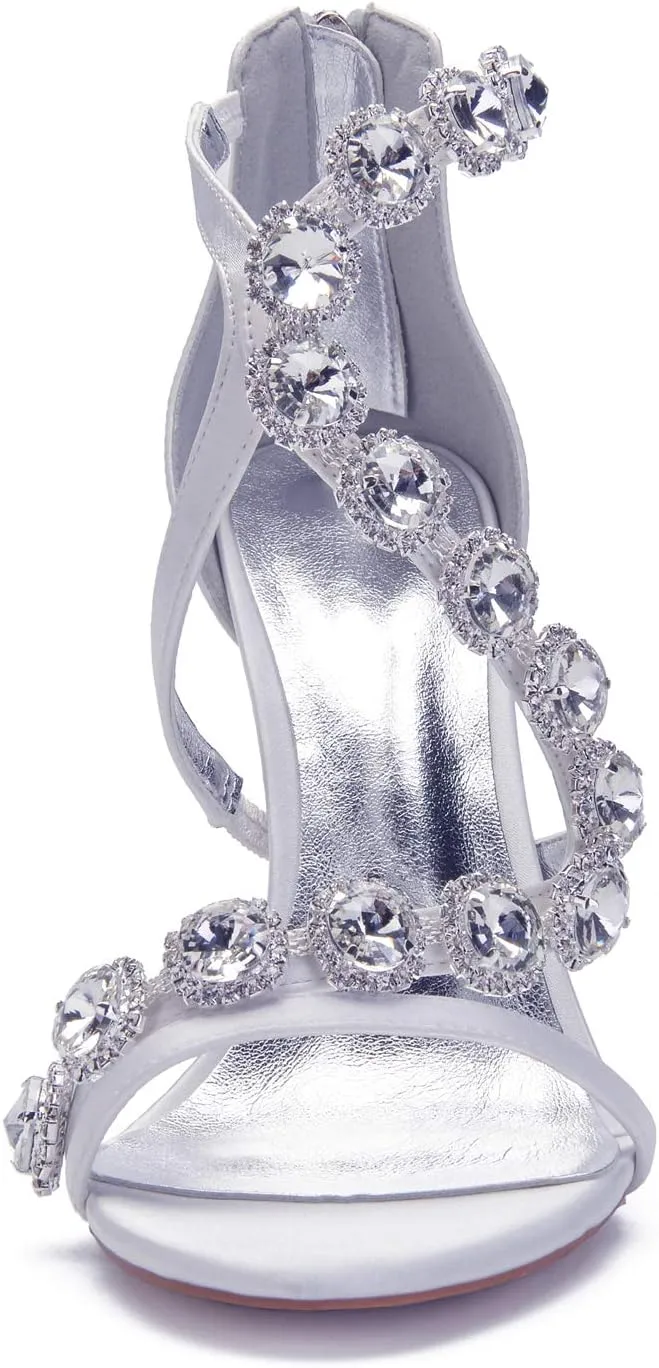 Women's Satin Wedding Stilettos for Bride Beaded Open Toe High Heels Strappy Bridal Shoes for Women