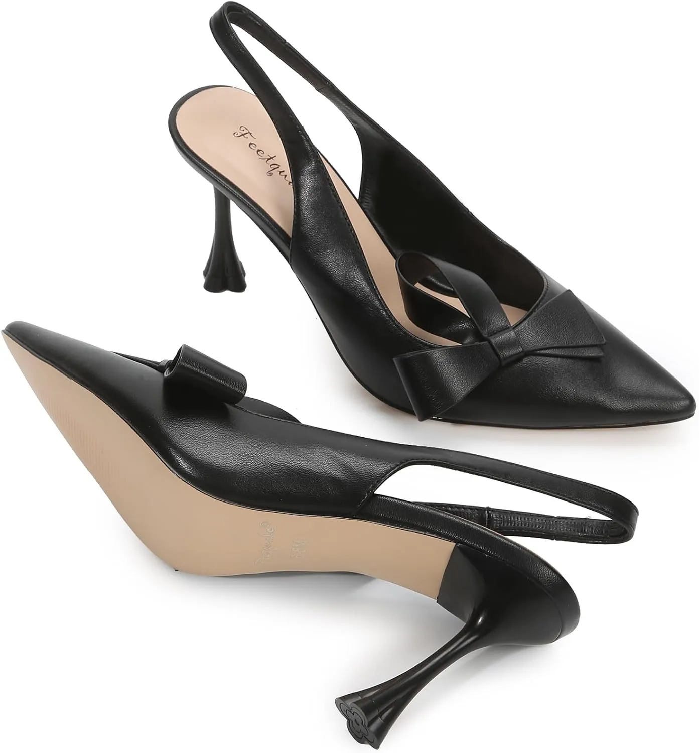 Women's Slingback Pump Shoes Handmade Flower Bows Stiletto Club Heel Pointed Toe Soft PU Leather Daily Dress Shoes