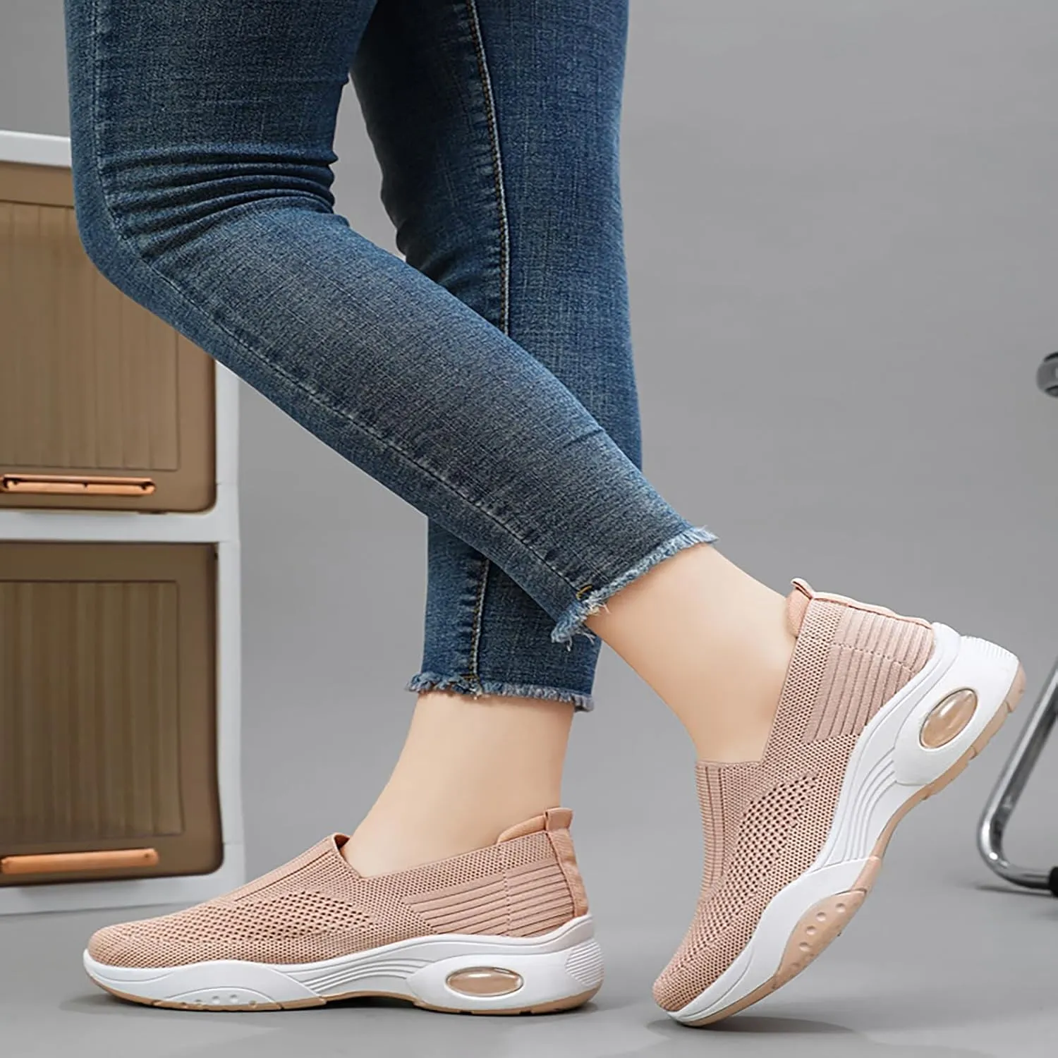 Women's Slip-On Orthopedic Sneakers - Breathable Mesh Knitted Walking Shoes with Wide Width, Arch Support & Non-Slip Sole - Lightweight Low-Top Design for All-Day Comfort
