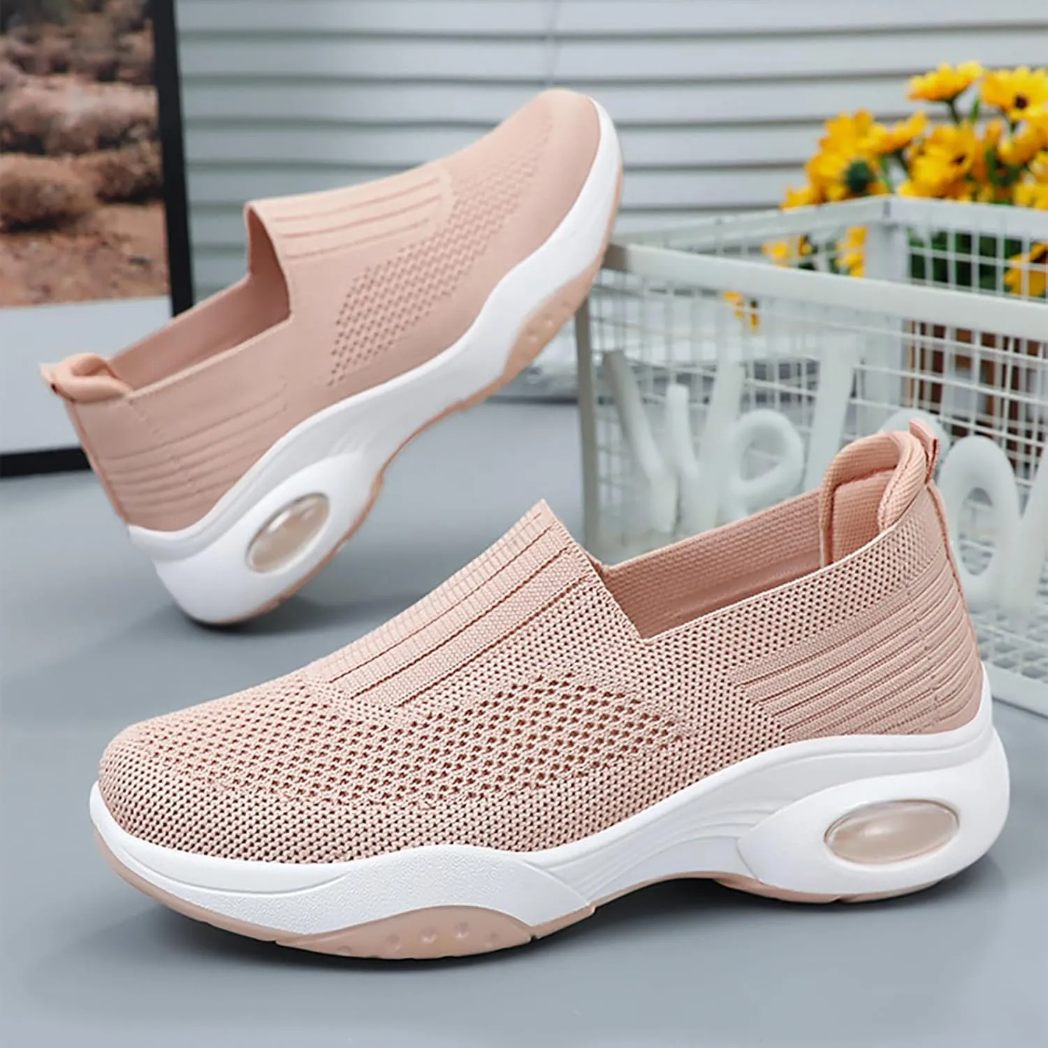 Women's Slip-On Orthopedic Sneakers - Breathable Mesh Knitted Walking Shoes with Wide Width, Arch Support & Non-Slip Sole - Lightweight Low-Top Design for All-Day Comfort