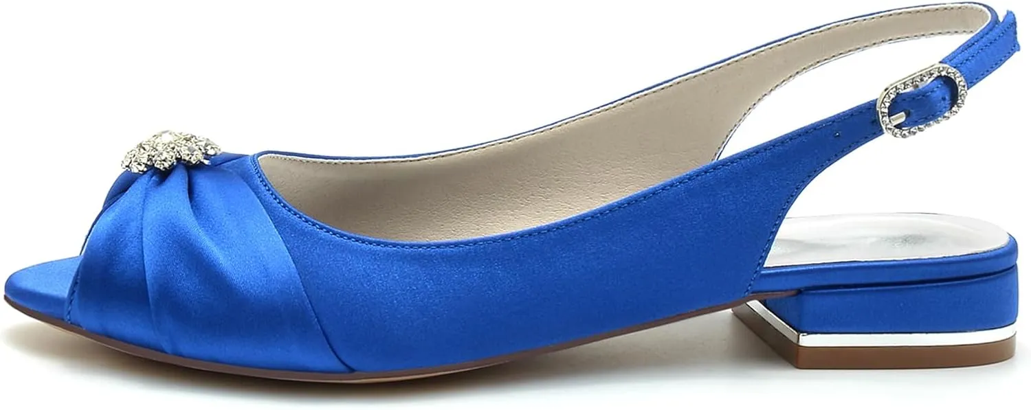Womens Slip On Wedding Dress Shoes Peep Toe Low Heel Bridal Shoes Slingback Sandals Satin Evenging Party Work Flat Rhinestone Sling Back Sandals