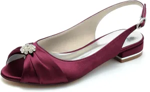 Womens Slip On Wedding Dress Shoes Peep Toe Low Heel Bridal Shoes Slingback Sandals Satin Evenging Party Work Flat Rhinestone Sling Back Sandals