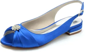 Womens Slip On Wedding Dress Shoes Peep Toe Low Heel Bridal Shoes Slingback Sandals Satin Evenging Party Work Flat Rhinestone Sling Back Sandals