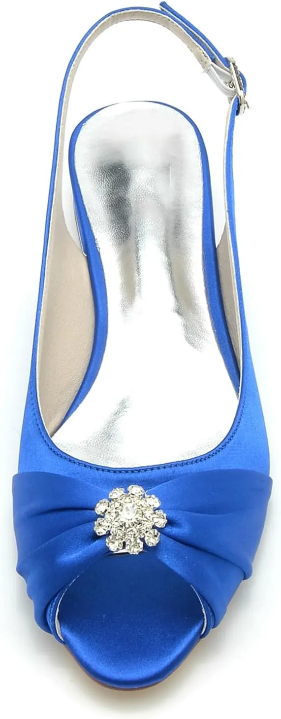 Womens Slip On Wedding Dress Shoes Peep Toe Low Heel Bridal Shoes Slingback Sandals Satin Evenging Party Work Flat Rhinestone Sling Back Sandals
