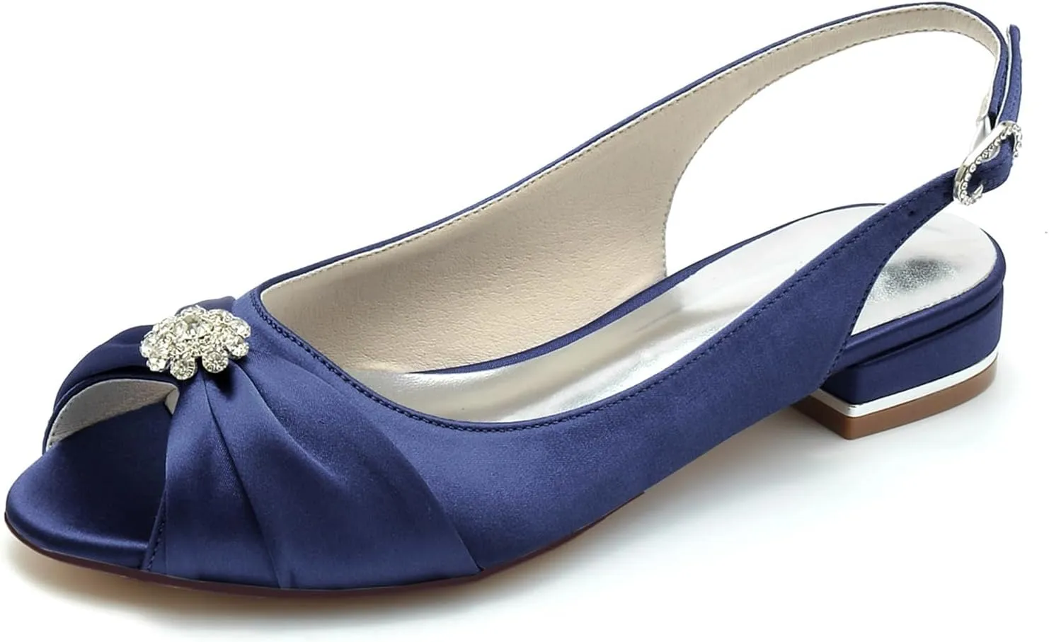 Womens Slip On Wedding Dress Shoes Peep Toe Low Heel Bridal Shoes Slingback Sandals Satin Evenging Party Work Flat Rhinestone Sling Back Sandals