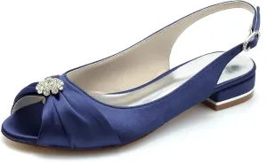 Womens Slip On Wedding Dress Shoes Peep Toe Low Heel Bridal Shoes Slingback Sandals Satin Evenging Party Work Flat Rhinestone Sling Back Sandals