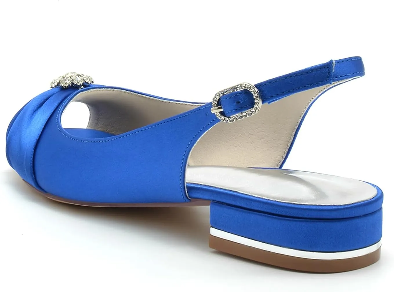 Womens Slip On Wedding Dress Shoes Peep Toe Low Heel Bridal Shoes Slingback Sandals Satin Evenging Party Work Flat Rhinestone Sling Back Sandals