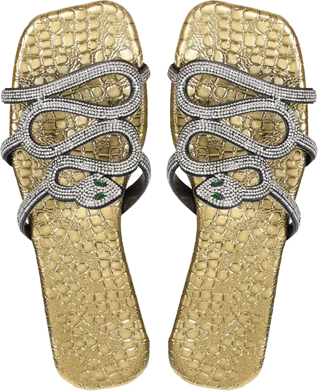Women's Snake Embossed Rhinestone Sparkly Flat Sandals Casual Open Toe Slippers