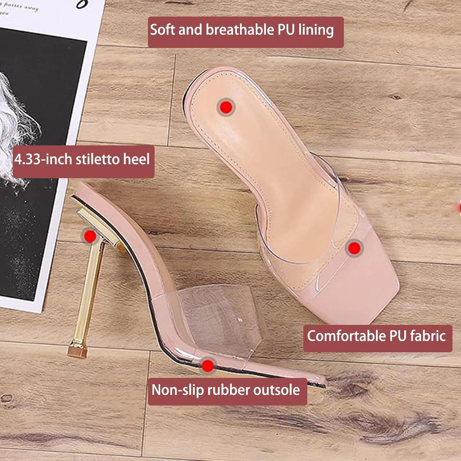 Women's Transparent Strap Stilettos Sexy Slides Sandals Fashion Clear Square Open Toe Comfortable Slingback Slip-On High Heels Prom Party Dress Mules Pumps