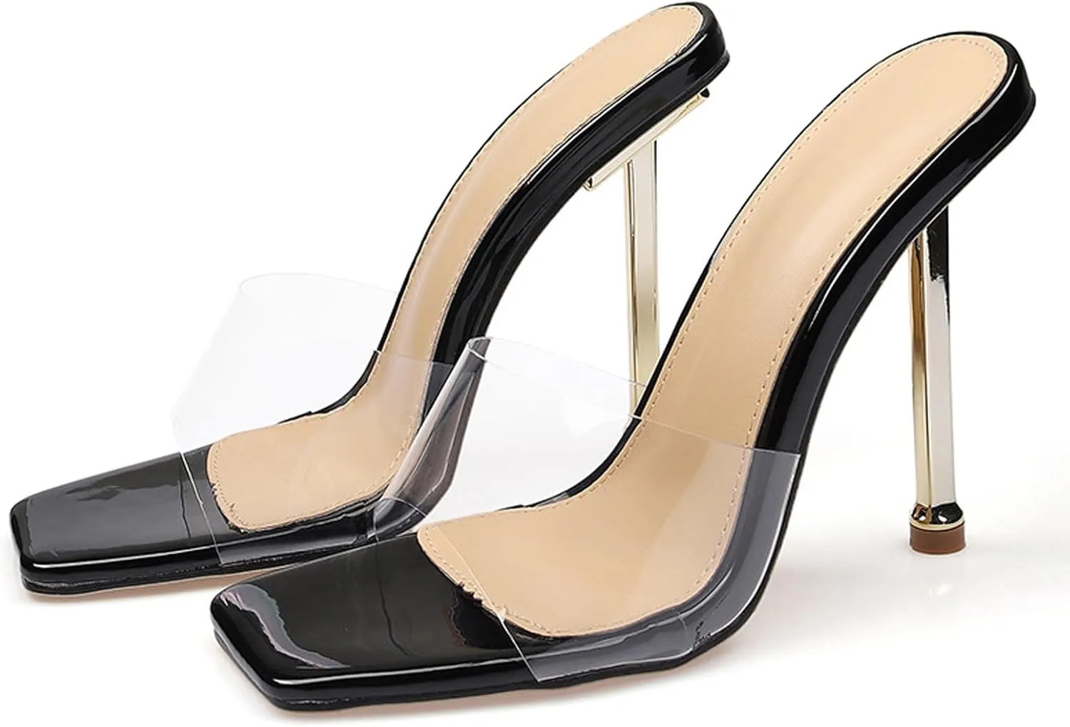 Women's Transparent Strap Stilettos Sexy Slides Sandals Fashion Clear Square Open Toe Comfortable Slingback Slip-On High Heels Prom Party Dress Mules Pumps