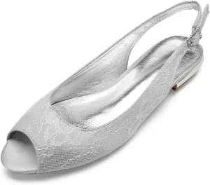 Womens Wedding Dress Shoes Lace Peep Toe Low Heel Bridal Shoes Slingback Sandals Buckle Evenging Party Work Flat
