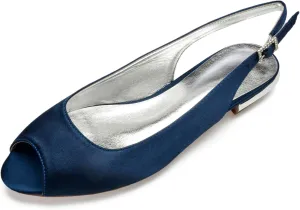 Women's with Buckle Satin Wedding Dress Shoes Slingback Sandals Peep Toe Flat Pumps Evening Party Comfort Bridal Flats