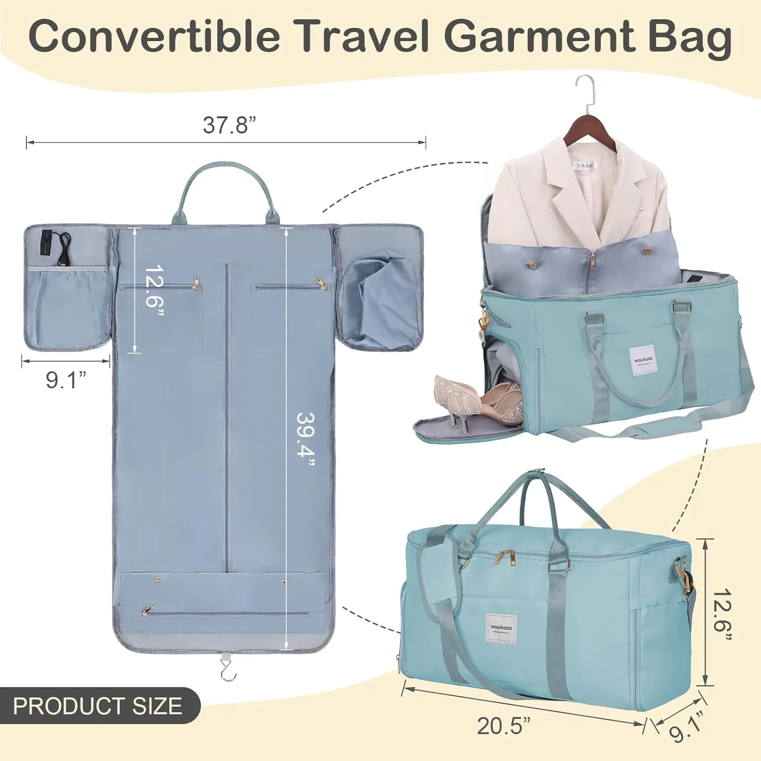 WOOMADA Travel Garment Bag, Convertible Garment Duffle with Shoe Bag and Hanging Dress Compartment for Women, Carry-On Luggage for Business and Leisure Trips(Turquoise)