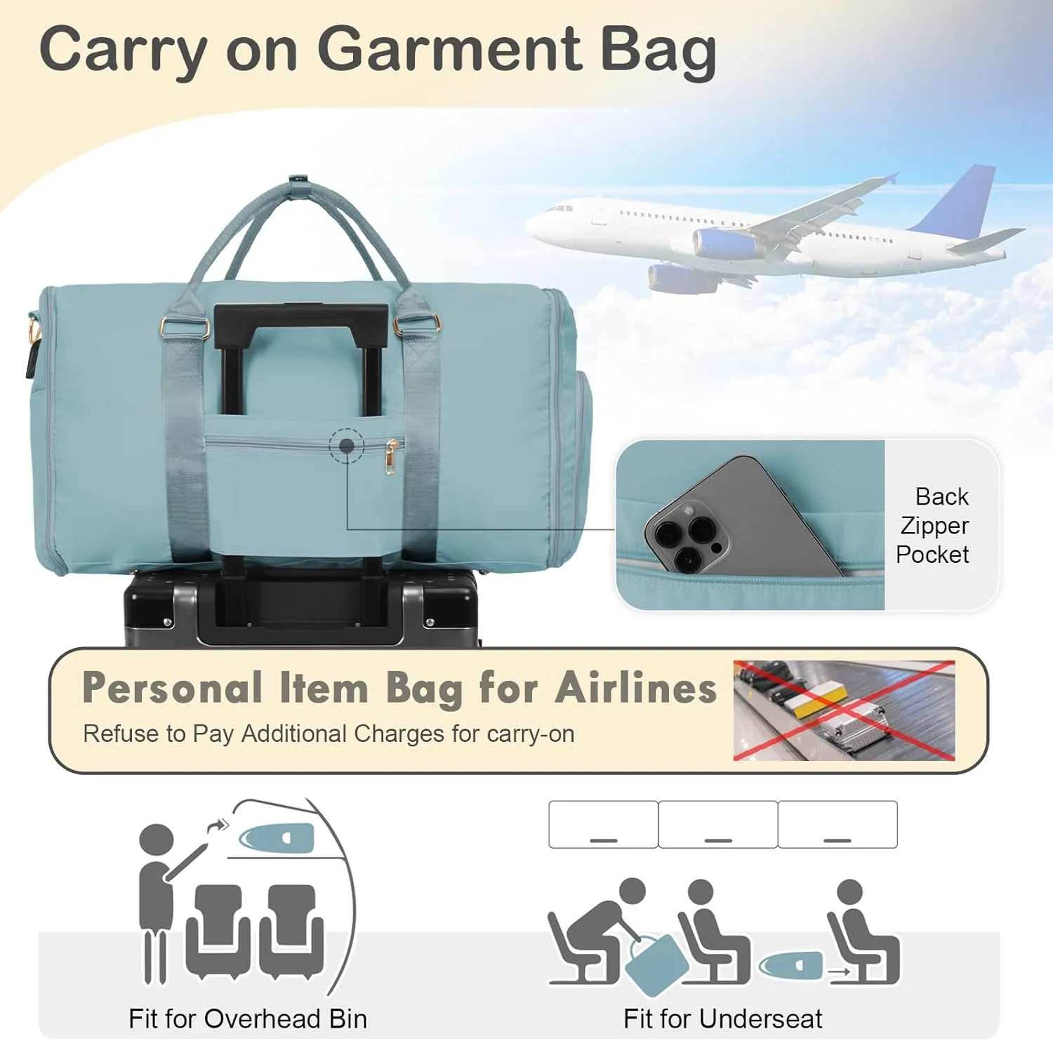 WOOMADA Travel Garment Bag, Convertible Garment Duffle with Shoe Bag and Hanging Dress Compartment for Women, Carry-On Luggage for Business and Leisure Trips(Turquoise)