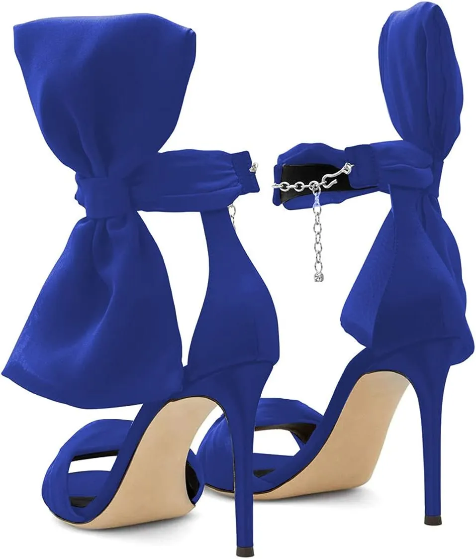 XYD Women Adorable Big Bows High Heel Sandals Open Toe Satin Ankle Strappy Chain Clasp Stilettos Cocktail Shoes
