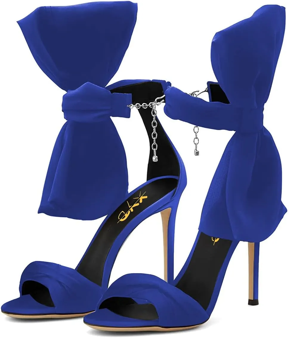 XYD Women Adorable Big Bows High Heel Sandals Open Toe Satin Ankle Strappy Chain Clasp Stilettos Cocktail Shoes