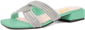 XYD Women Casual Rhinestones Cross Strap Slip On Sandals Open Square Toe Low Chunky Heel Slides Summer Daily Comfy Walking Shoes