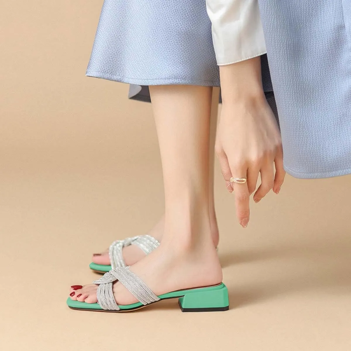 XYD Women Casual Rhinestones Cross Strap Slip On Sandals Open Square Toe Low Chunky Heel Slides Summer Daily Comfy Walking Shoes