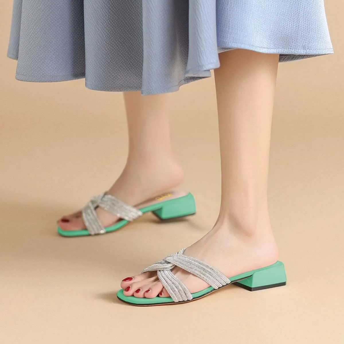 XYD Women Casual Rhinestones Cross Strap Slip On Sandals Open Square Toe Low Chunky Heel Slides Summer Daily Comfy Walking Shoes