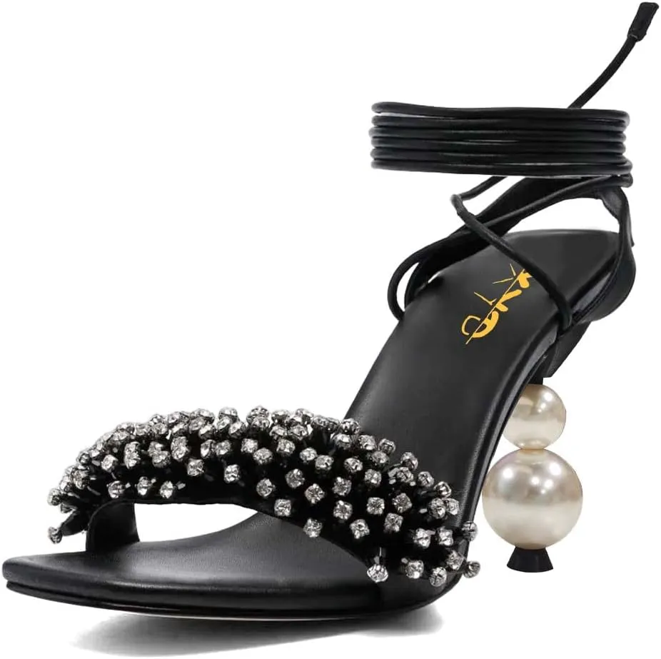 XYD Women Crystal Pearl High Heel 3.5 Inch Ankle Strappy Open Toe Sandals Lace Up Rhinestone Stylish Summer Pumps Evening Shoes