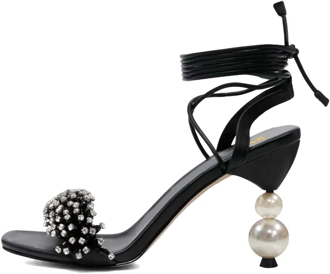 XYD Women Crystal Pearl High Heel 3.5 Inch Ankle Strappy Open Toe Sandals Lace Up Rhinestone Stylish Summer Pumps Evening Shoes