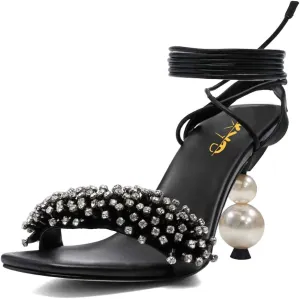 XYD Women Crystal Pearl High Heel 3.5 Inch Ankle Strappy Open Toe Sandals Lace Up Rhinestone Stylish Summer Pumps Evening Shoes