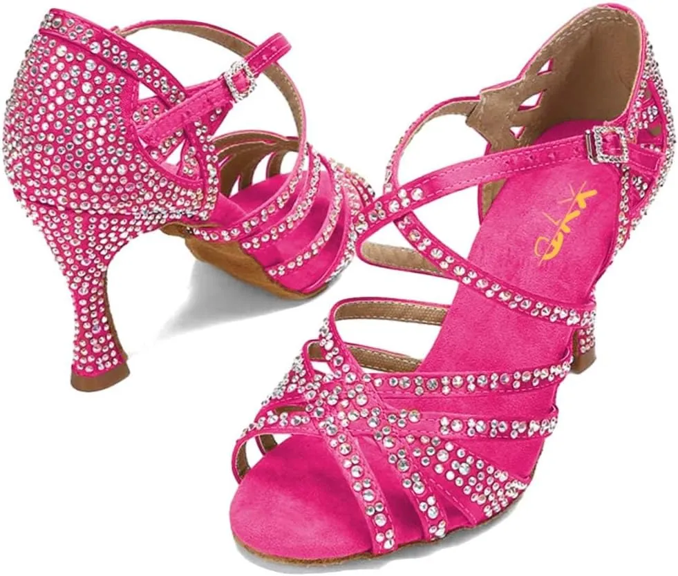 XYD Women Dance Ballroom Latin Jazz Sandals Mid Heels Open Toe Crystal Rhinestones Strappy Sparkling Bridal Evening Fancy Pumps Shoes
