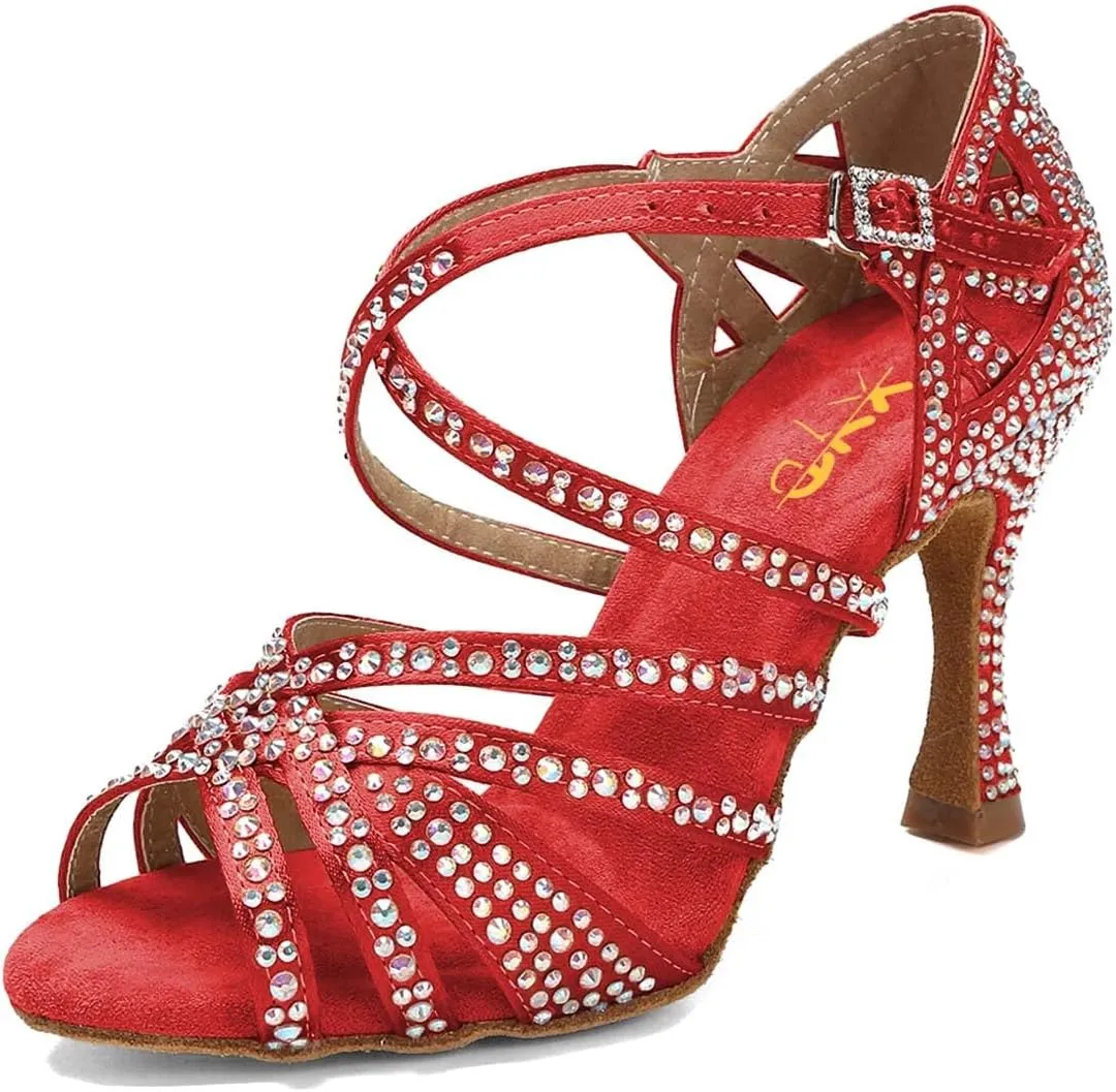 XYD Women Dance Ballroom Latin Jazz Sandals Mid Heels Open Toe Crystal Rhinestones Strappy Sparkling Bridal Evening Fancy Pumps Shoes