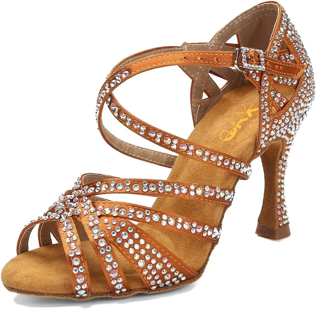XYD Women Dance Ballroom Latin Jazz Sandals Mid Heels Open Toe Crystal Rhinestones Strappy Sparkling Bridal Evening Fancy Pumps Shoes