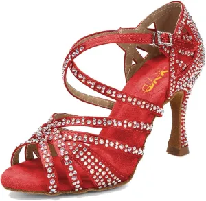 XYD Women Dance Ballroom Latin Jazz Sandals Mid Heels Open Toe Crystal Rhinestones Strappy Sparkling Bridal Evening Fancy Pumps Shoes