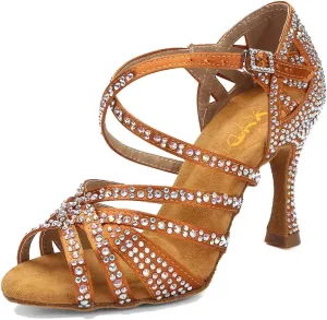 XYD Women Dance Ballroom Latin Jazz Sandals Mid Heels Open Toe Crystal Rhinestones Strappy Sparkling Bridal Evening Fancy Pumps Shoes