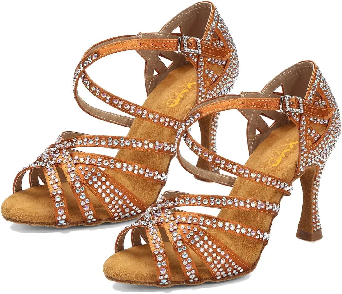 XYD Women Dance Ballroom Latin Jazz Sandals Mid Heels Open Toe Crystal Rhinestones Strappy Sparkling Bridal Evening Fancy Pumps Shoes
