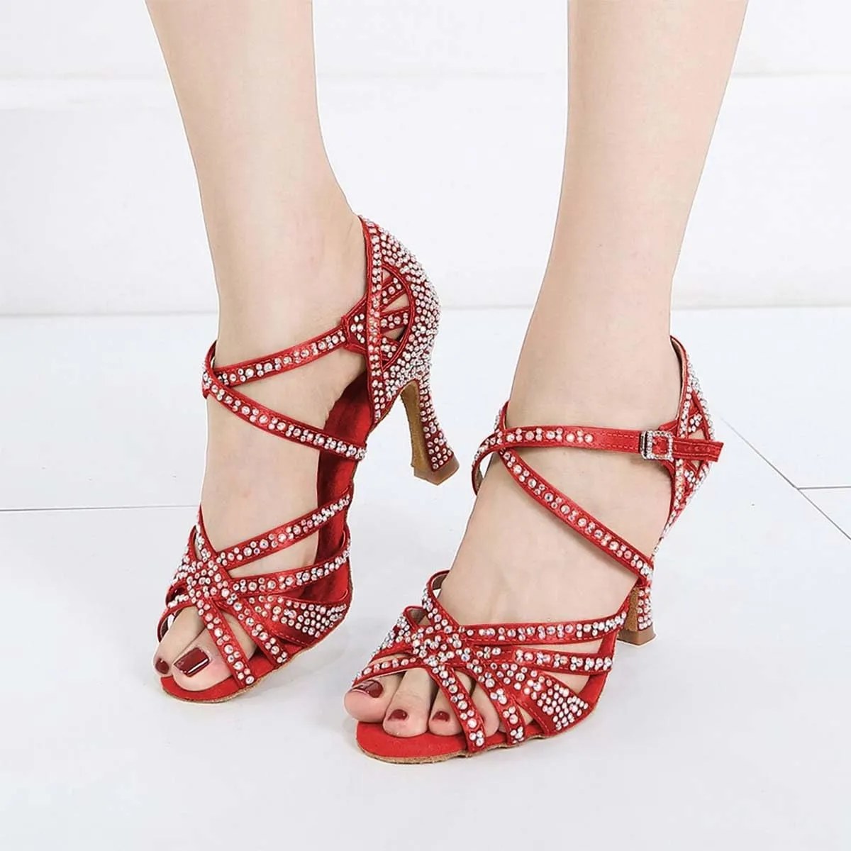 XYD Women Dance Ballroom Latin Jazz Sandals Mid Heels Open Toe Crystal Rhinestones Strappy Sparkling Bridal Evening Fancy Pumps Shoes
