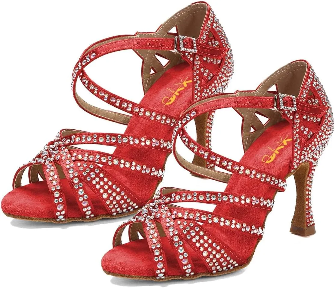 XYD Women Dance Ballroom Latin Jazz Sandals Mid Heels Open Toe Crystal Rhinestones Strappy Sparkling Bridal Evening Fancy Pumps Shoes
