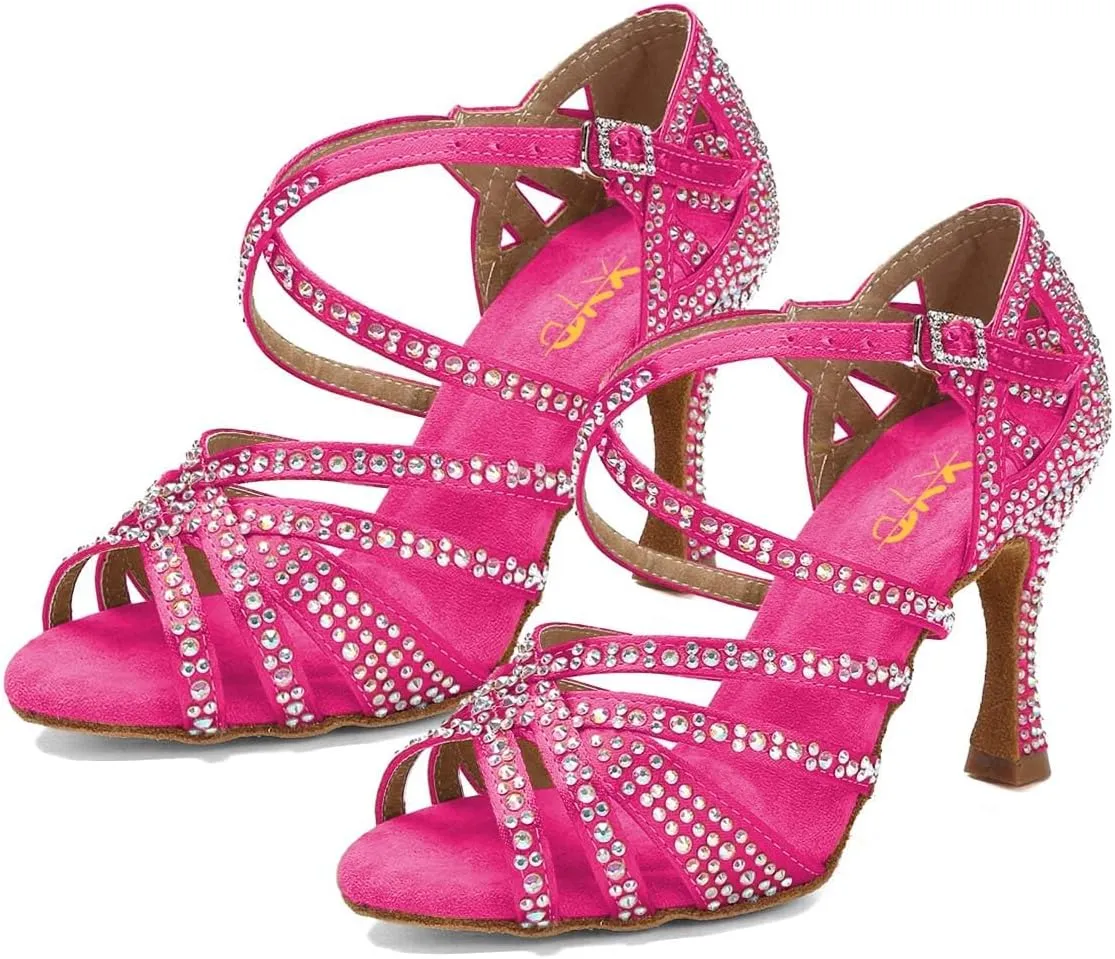 XYD Women Dance Ballroom Latin Jazz Sandals Mid Heels Open Toe Crystal Rhinestones Strappy Sparkling Bridal Evening Fancy Pumps Shoes
