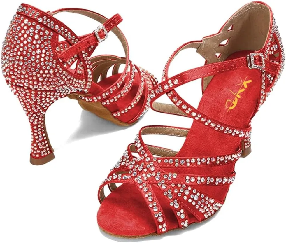 XYD Women Dance Ballroom Latin Jazz Sandals Mid Heels Open Toe Crystal Rhinestones Strappy Sparkling Bridal Evening Fancy Pumps Shoes