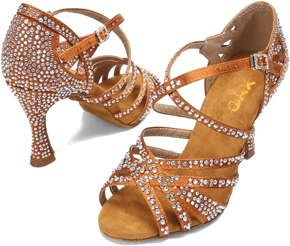 XYD Women Dance Ballroom Latin Jazz Sandals Mid Heels Open Toe Crystal Rhinestones Strappy Sparkling Bridal Evening Fancy Pumps Shoes