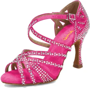 XYD Women Dance Ballroom Latin Jazz Sandals Mid Heels Open Toe Crystal Rhinestones Strappy Sparkling Bridal Evening Fancy Pumps Shoes