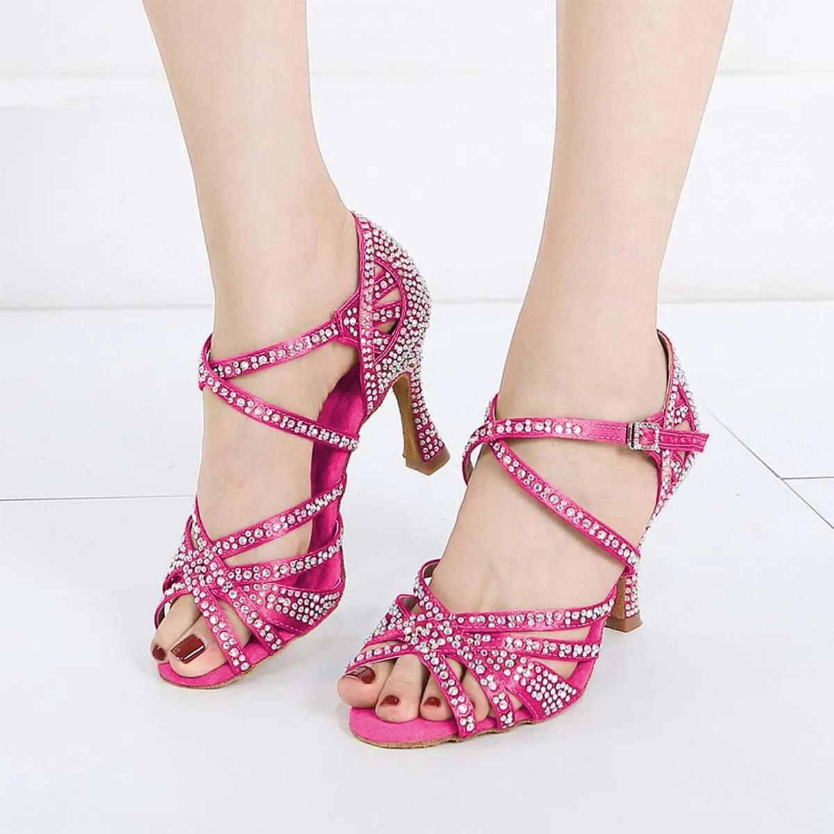 XYD Women Dance Ballroom Latin Jazz Sandals Mid Heels Open Toe Crystal Rhinestones Strappy Sparkling Bridal Evening Fancy Pumps Shoes