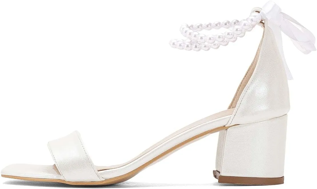XYD Women Elegant Pearls Ribbon Strap Sandals Tie-up Open Toe Low Block Sandals Wedding Bridal Shoes