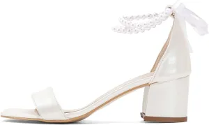 XYD Women Elegant Pearls Ribbon Strap Sandals Tie-up Open Toe Low Block Sandals Wedding Bridal Shoes