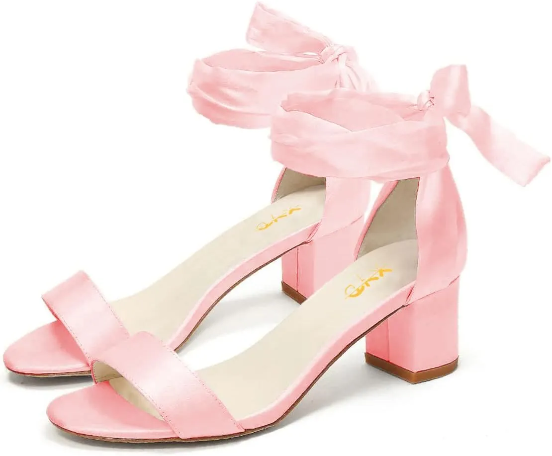 XYD Women Girls Open Toe Strappy Low Block Heel Sandal Pumps Ribbon Ankle Strap Lace Wedding Dress Evening Shoes