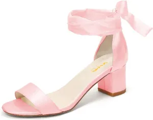 XYD Women Girls Open Toe Strappy Low Block Heel Sandal Pumps Ribbon Ankle Strap Lace Wedding Dress Evening Shoes