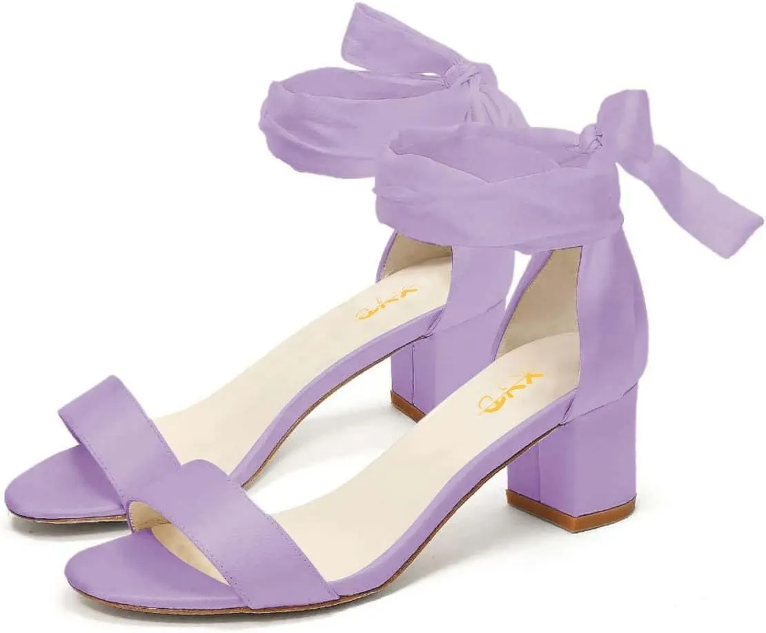 XYD Women Girls Open Toe Strappy Low Block Heel Sandal Pumps Ribbon Ankle Strap Lace Wedding Dress Evening Shoes