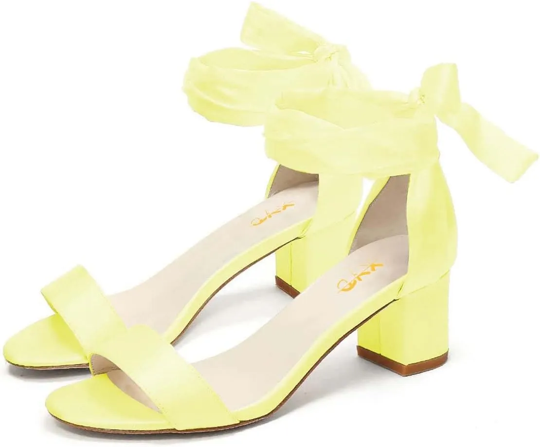 XYD Women Girls Open Toe Strappy Low Block Heel Sandal Pumps Ribbon Ankle Strap Lace Wedding Dress Evening Shoes