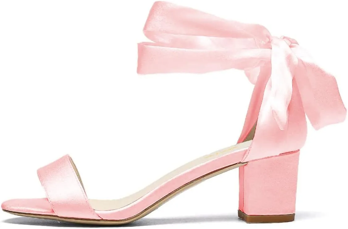 XYD Women Girls Open Toe Strappy Low Block Heel Sandal Pumps Ribbon Ankle Strap Lace Wedding Dress Evening Shoes