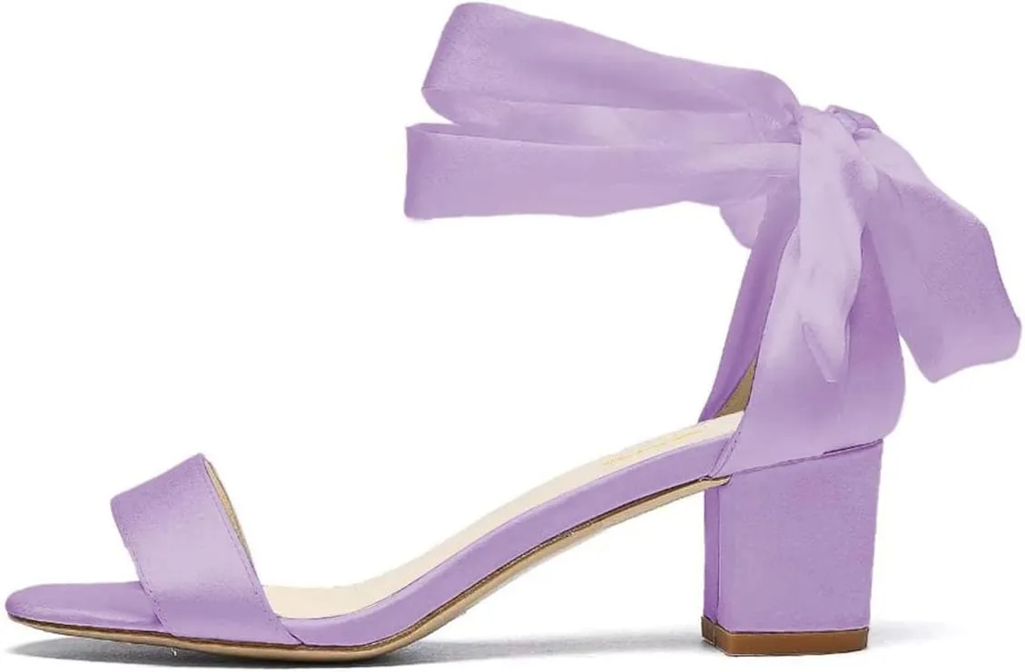 XYD Women Girls Open Toe Strappy Low Block Heel Sandal Pumps Ribbon Ankle Strap Lace Wedding Dress Evening Shoes